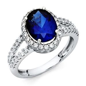 14K Split Shank Halo Oval Blue CZ Promise ring